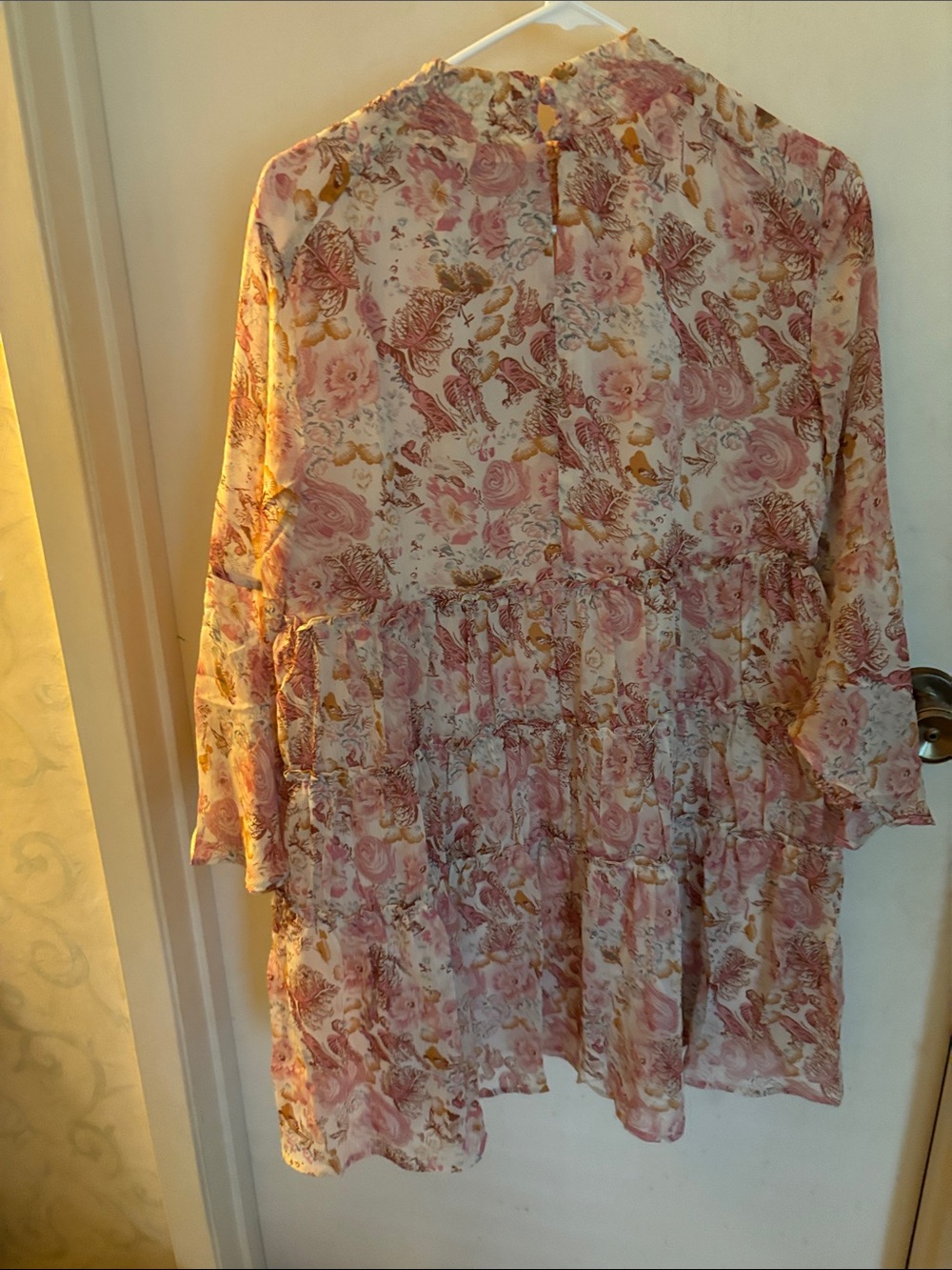Storia Floral Tiered Long Sleeve Ruffle Dress in Pink and Cream - Picture 6 of 7